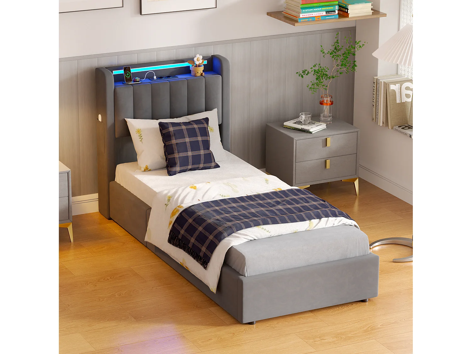 Lit Coffre 90x200 Cm - Lit Simple Capitonné Avec Rangement Hydraulique LED Et Ports USB - Velours Gris