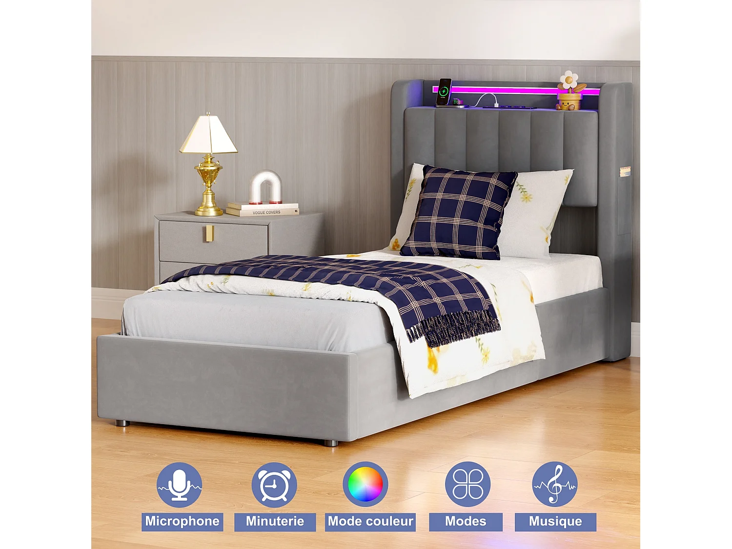 Lit Coffre 90x200 Cm - Lit Simple Capitonné Avec Rangement Hydraulique LED Et Ports USB - Velours Gris