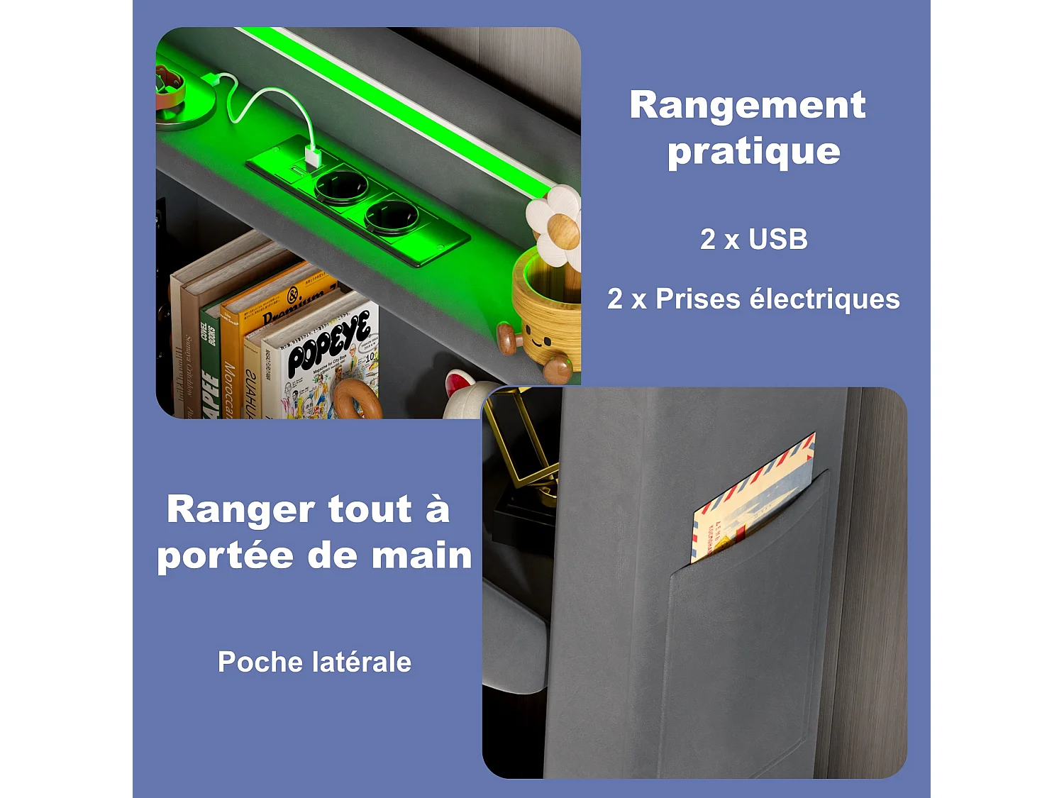 Lit Coffre 90x200 Cm - Lit Simple Capitonné Avec Rangement Hydraulique LED Et Ports USB - Velours Gris