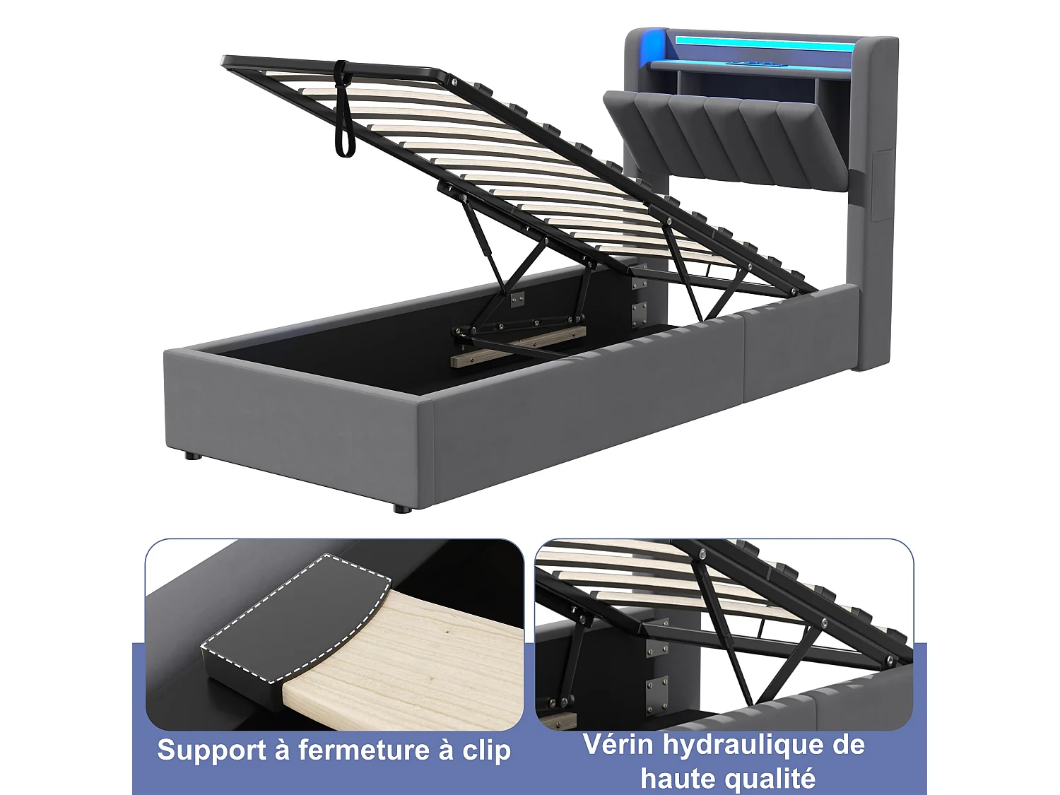 Lit Coffre 90x200 Cm - Lit Simple Capitonné Avec Rangement Hydraulique LED Et Ports USB - Velours Gris