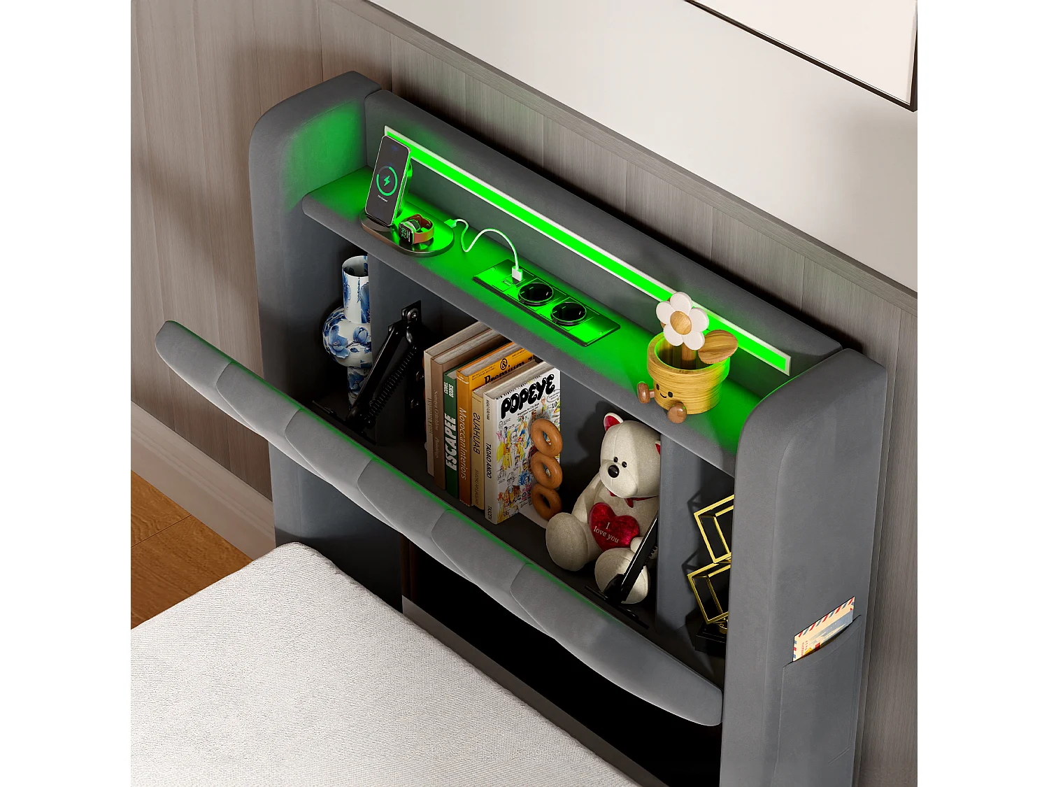 Lit Coffre 90x200 Cm - Lit Simple Capitonné Avec Rangement Hydraulique LED Et Ports USB - Velours Gris