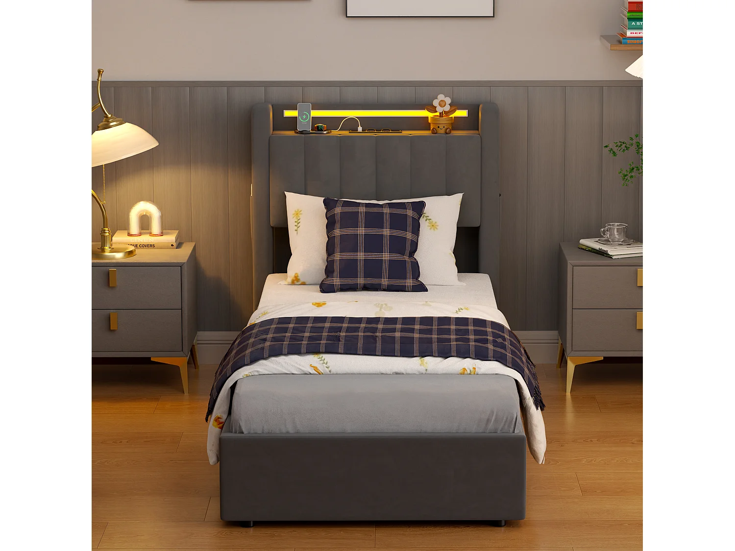 Lit Coffre 90x200 Cm - Lit Simple Capitonné Avec Rangement Hydraulique LED Et Ports USB - Velours Gris