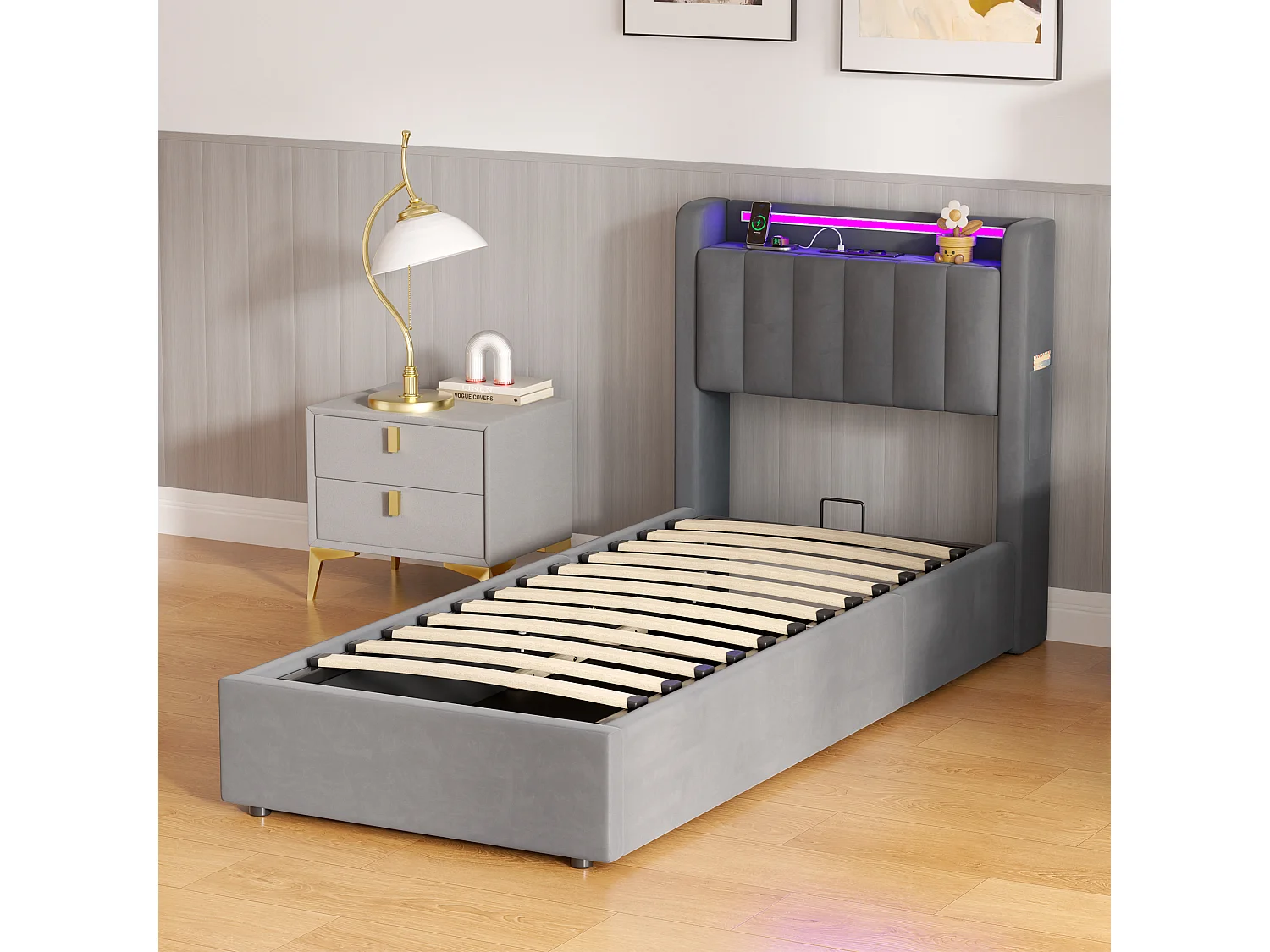 Lit Coffre 90x200 Cm - Lit Simple Capitonné Avec Rangement Hydraulique LED Et Ports USB - Velours Gris