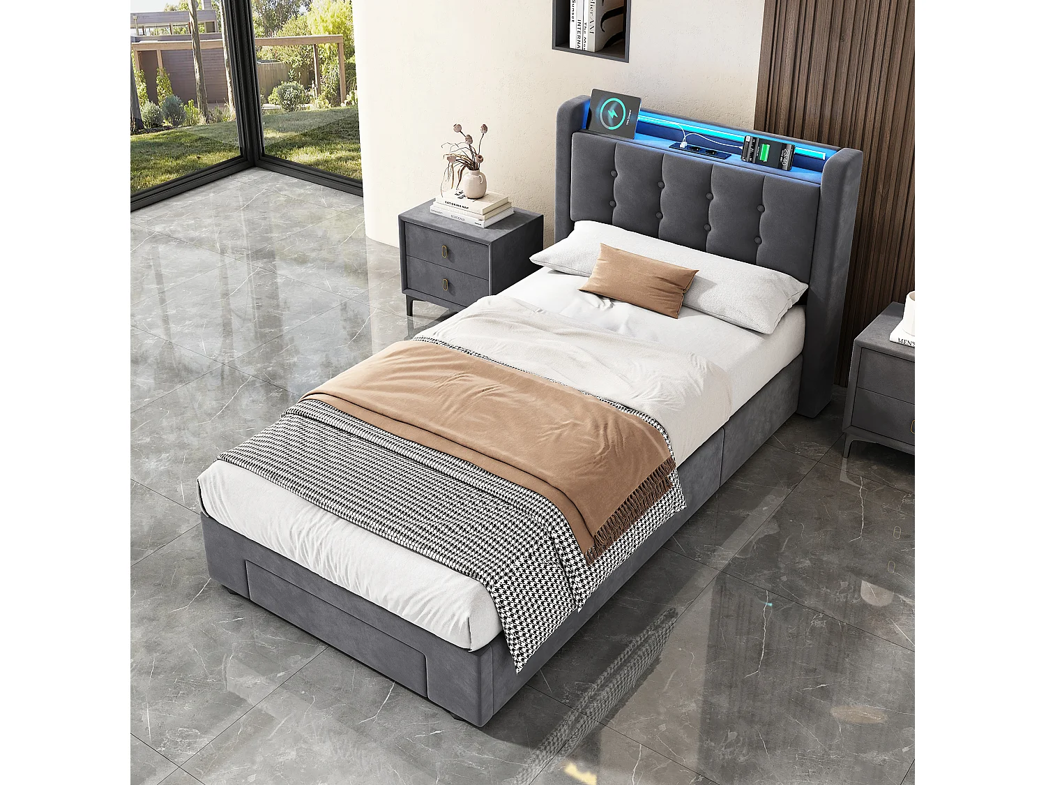 Lit Coffre 90x200 Cm - Lit Simple Capitonné Avec Rangement Hydraulique LED Et Ports USB - Gris Foncé