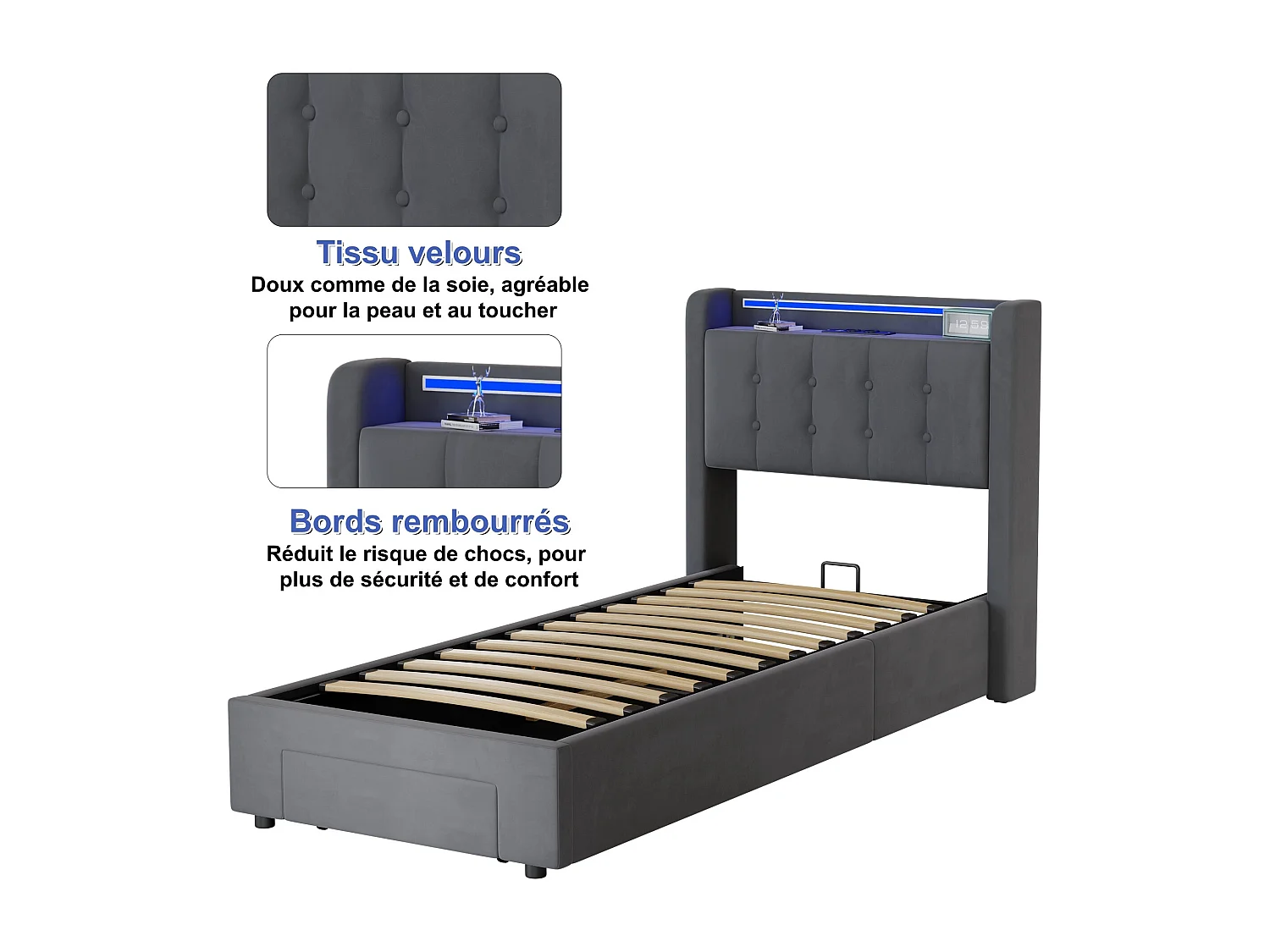 Lit Coffre 90x200 Cm - Lit Simple Capitonné Avec Rangement Hydraulique LED Et Ports USB - Gris Foncé