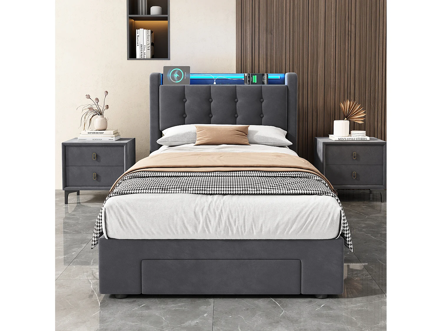 Lit Coffre 90x190 Cm - Lit Simple Capitonné Avec Rangement Intégré LED Et Ports USB - Velours Gris Pour Chambre Ado