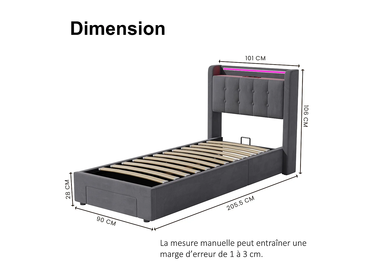 Lit Coffre 90x190 Cm - Lit Simple Capitonné Avec Rangement Intégré LED Et Ports USB - Velours Gris Pour Chambre Ado