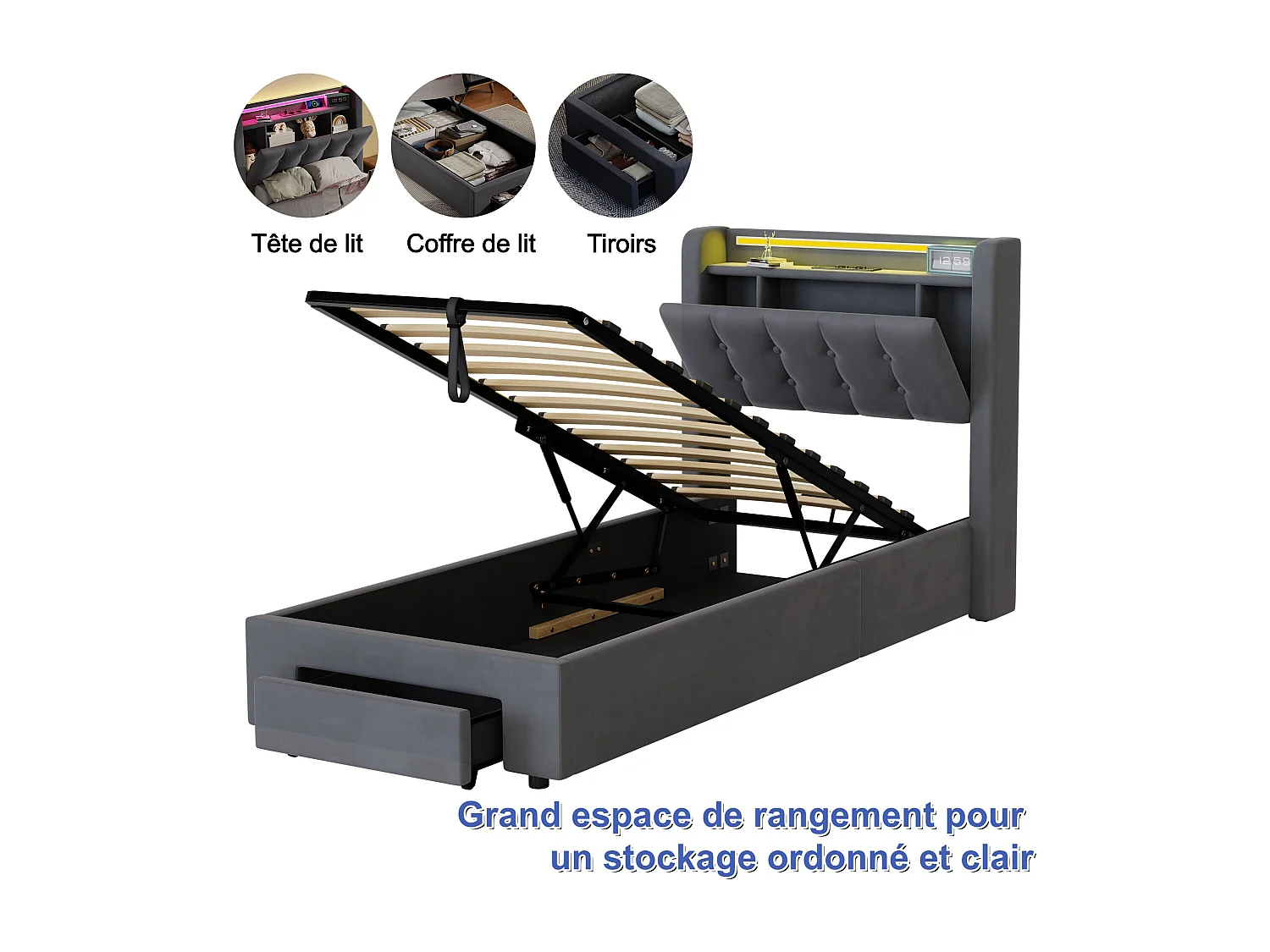 Lit Coffre 90x190 Cm - Lit Simple Capitonné Avec Rangement Intégré LED Et Ports USB - Velours Gris Pour Chambre Ado