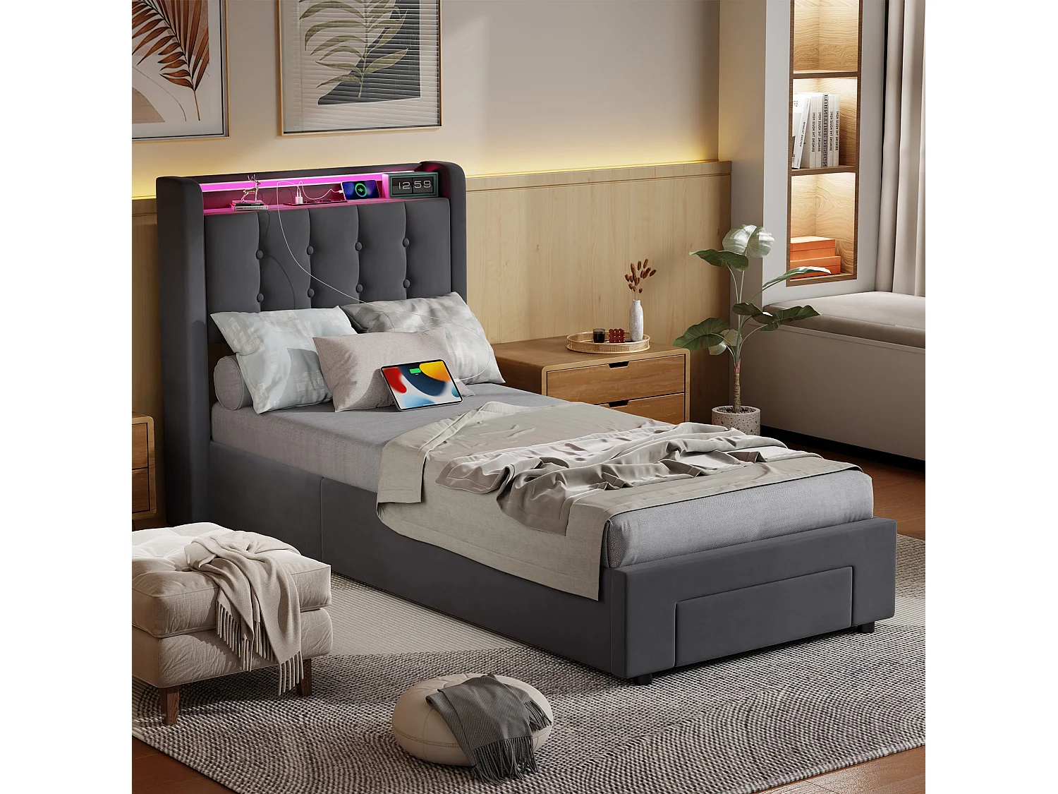 Lit Coffre 90x190 Cm - Lit Simple Capitonné Avec Rangement Intégré LED Et Ports USB - Velours Gris Pour Chambre Ado