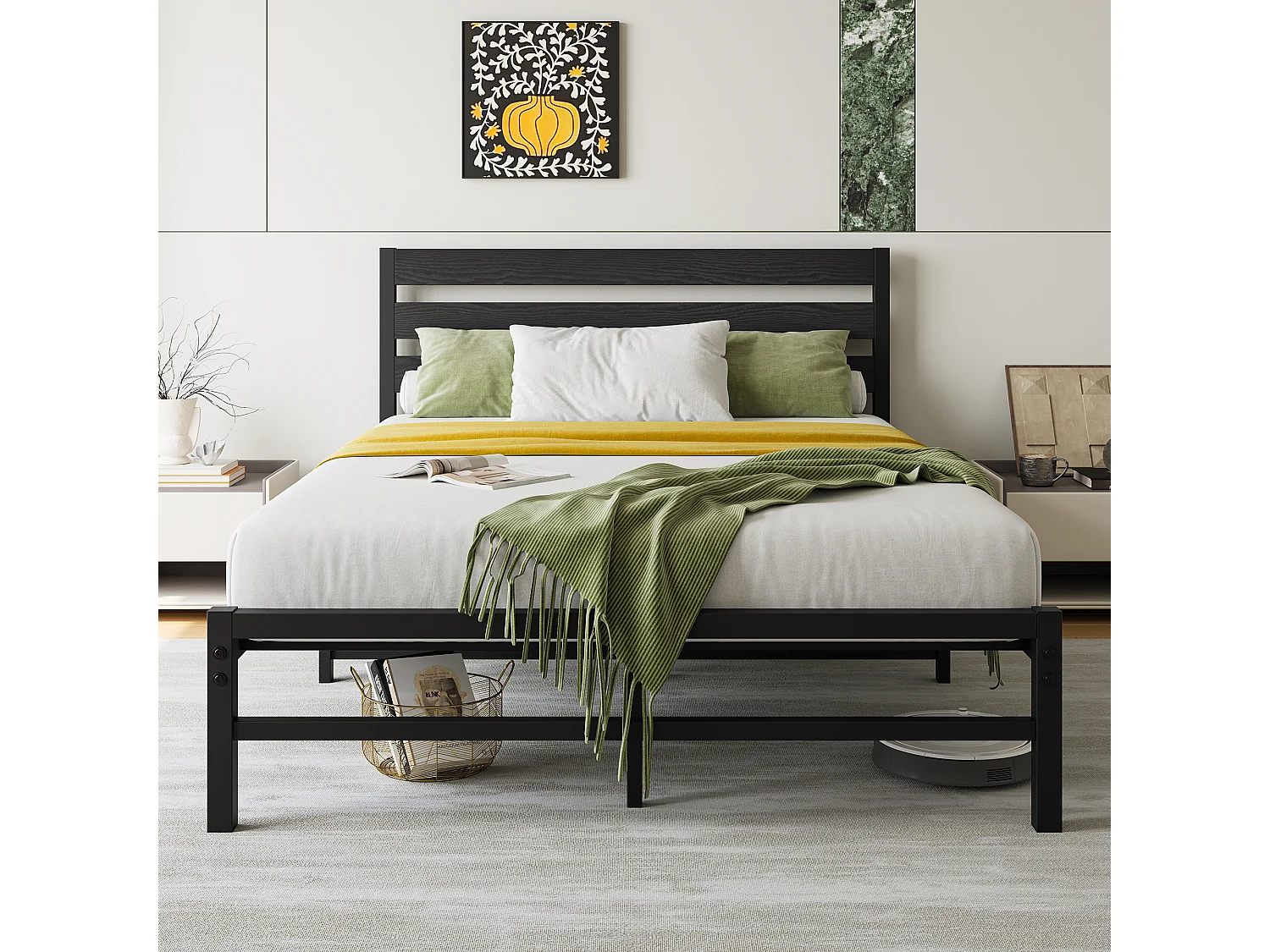 Lit Double Design Minimaliste 140x200 cm - Bois et Métal Robuste - Lit pour Chambre Ado - Noir - Sans Matelas