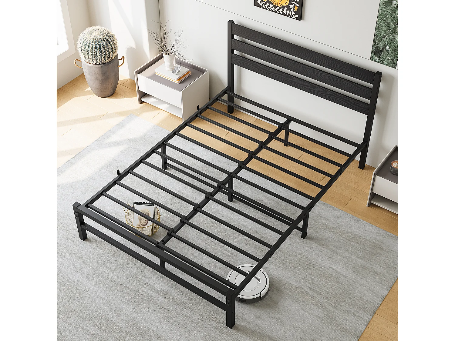 Lit Double Design Minimaliste 140x200 cm - Bois et Métal Robuste - Lit pour Chambre Ado - Noir - Sans Matelas