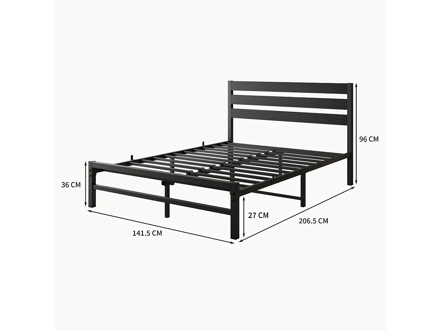 Lit Double Design Minimaliste 140x200 cm - Bois et Métal Robuste - Lit pour Chambre Ado - Noir - Sans Matelas