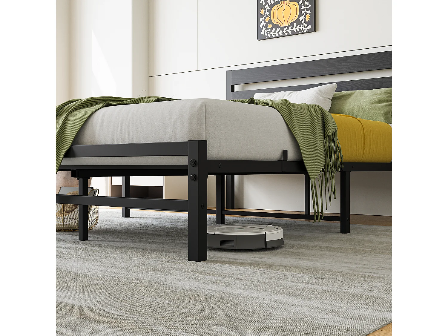Lit Double Design Minimaliste 140x200 cm - Bois et Métal Robuste - Lit pour Chambre Ado - Noir - Sans Matelas