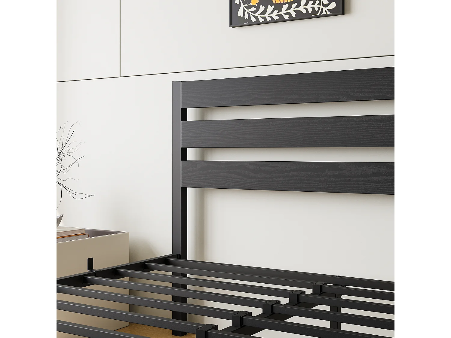Lit Double Design Minimaliste 140x200 cm - Bois et Métal Robuste - Lit pour Chambre Ado - Noir - Sans Matelas