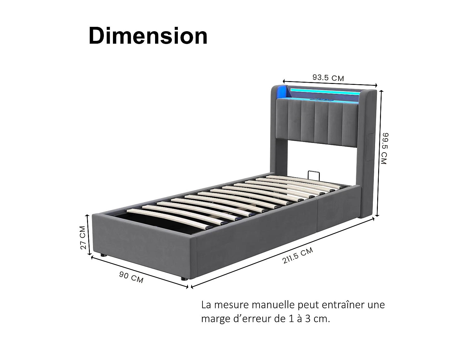 Lit Coffre 90x190 Cm - Lit Simple Capitonné Avec Rangement Hydraulique LED Et Ports USB - Velours Gris