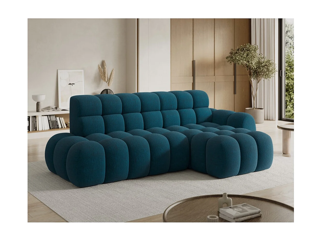Canapé d'angle convertible BULLA 3 places bleu angle gauche – tissu bouclette avec extension d'assise électrique