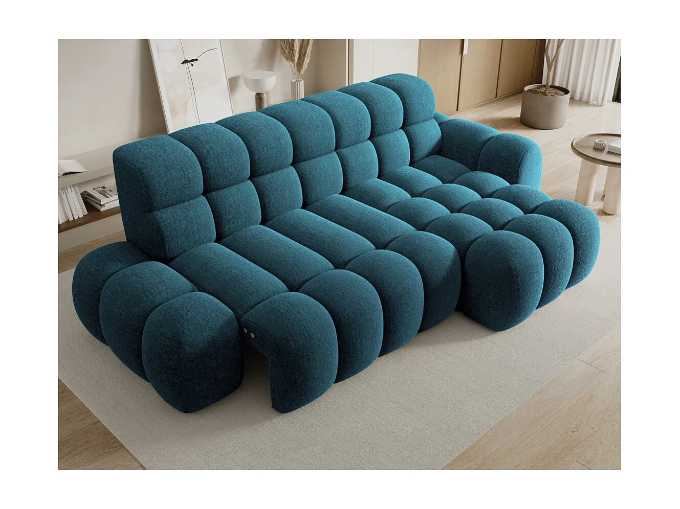 Canapé d'angle convertible BULLA 3 places bleu angle gauche – tissu bouclette avec extension d'assise électrique