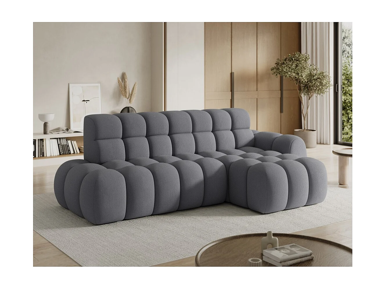Canapé d'angle convertible BULLA 3 places gris angle droit – tissu nid d'abeille avec extension d'assise électrique