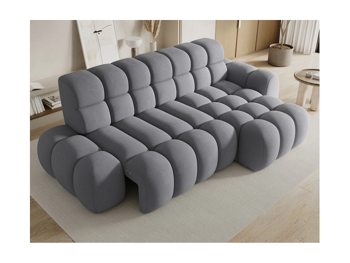 Canapé d'angle convertible BULLA 3 places gris angle droit – tissu nid d'abeille avec extension d'assise électrique