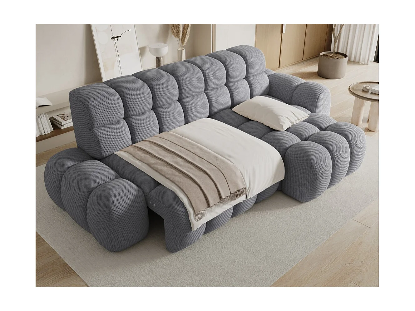 Canapé d'angle convertible BULLA 3 places gris angle droit – tissu nid d'abeille avec extension d'assise électrique