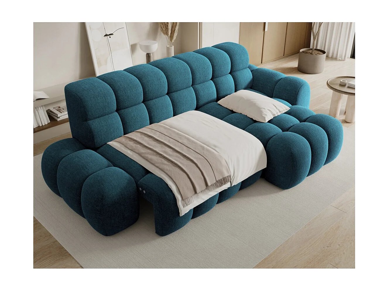 Canapé d'angle convertible BULLA 3 places bleu angle droit – tissu bouclette avec extension d'assise électrique