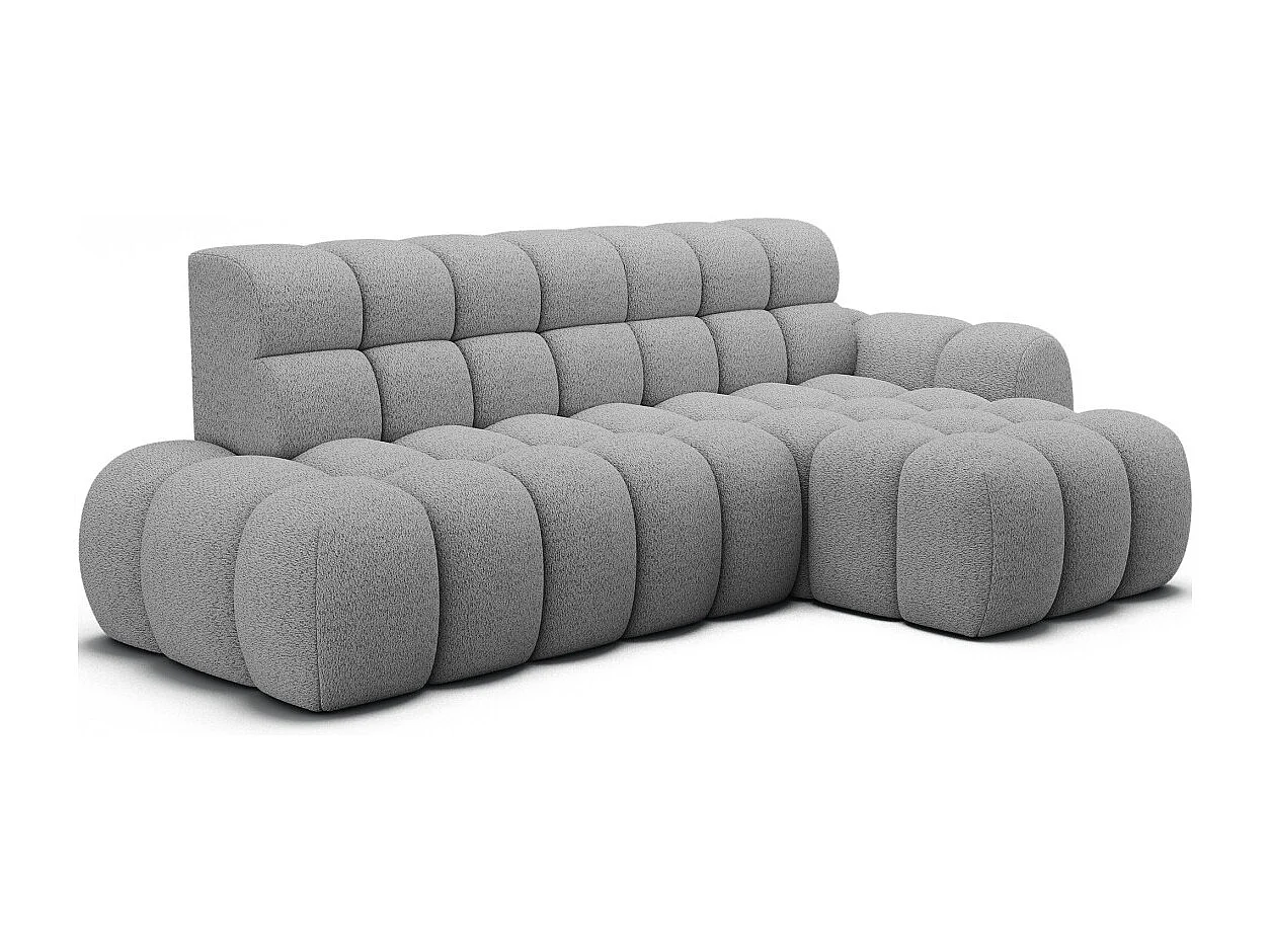 Canapé d'angle convertible BULLA 3 places gris angle droit – tissu bouclette avec extension d'assise électrique