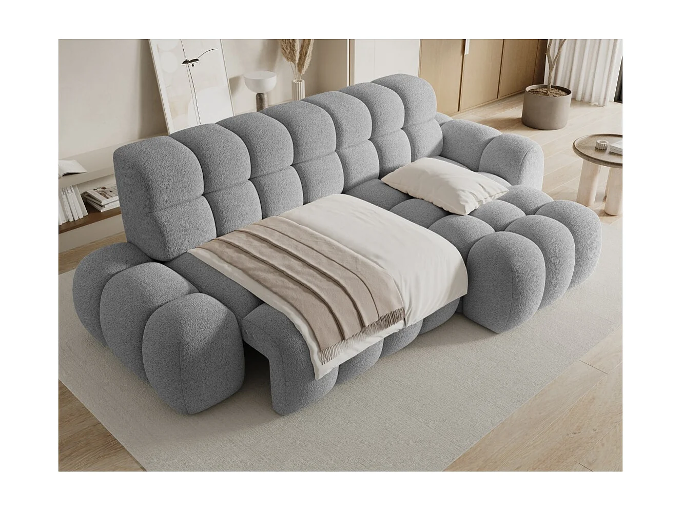 Canapé d'angle convertible BULLA 3 places gris angle droit – tissu bouclette avec extension d'assise électrique