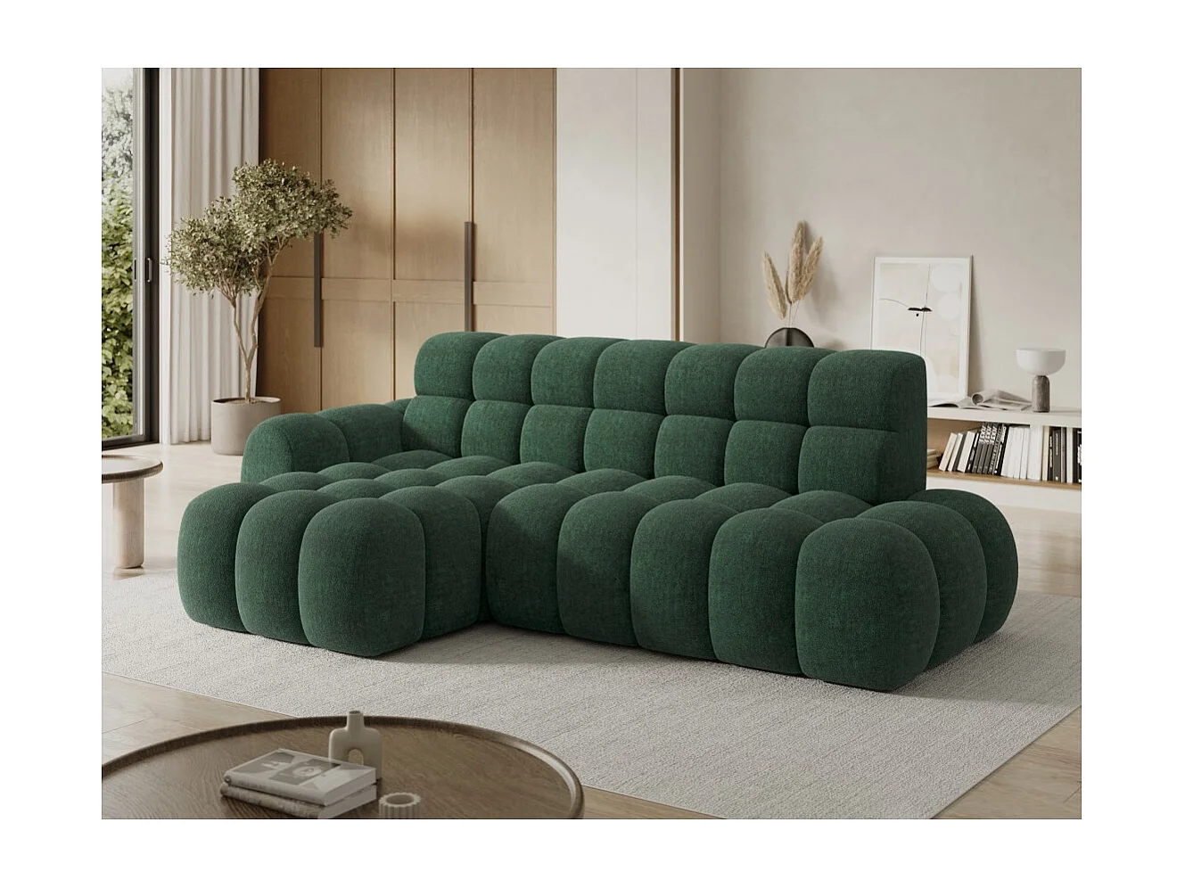 Canapé d'angle convertible BULLA 3 places vert émeraude angle gauche – tissu bouclette avec extension d'assise électrique