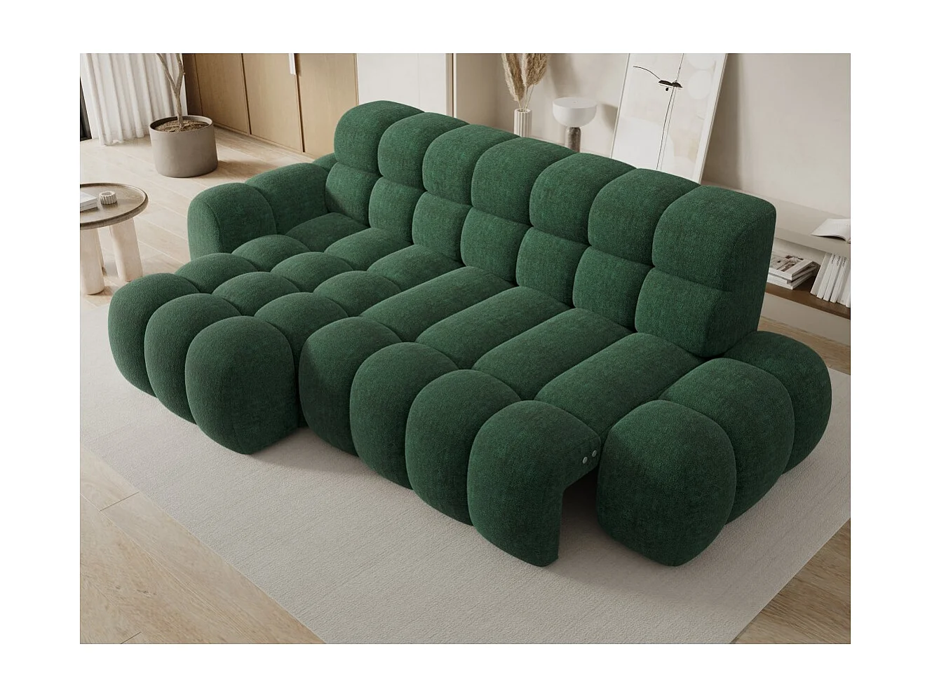 Canapé d'angle convertible BULLA 3 places vert émeraude angle gauche – tissu bouclette avec extension d'assise électrique