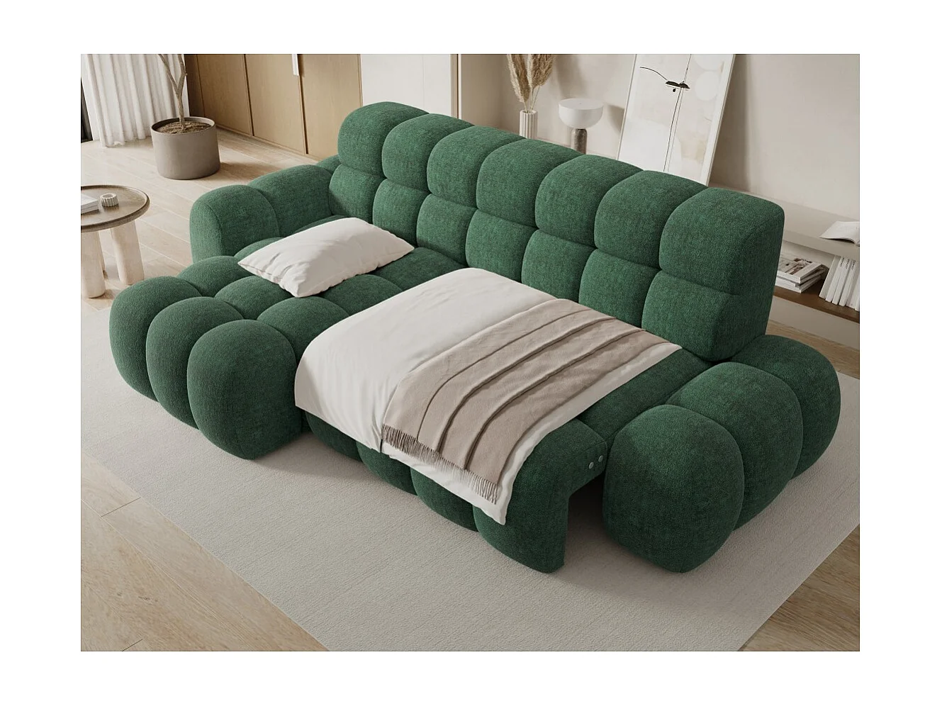 Canapé d'angle convertible BULLA 3 places vert émeraude angle gauche – tissu bouclette avec extension d'assise électrique
