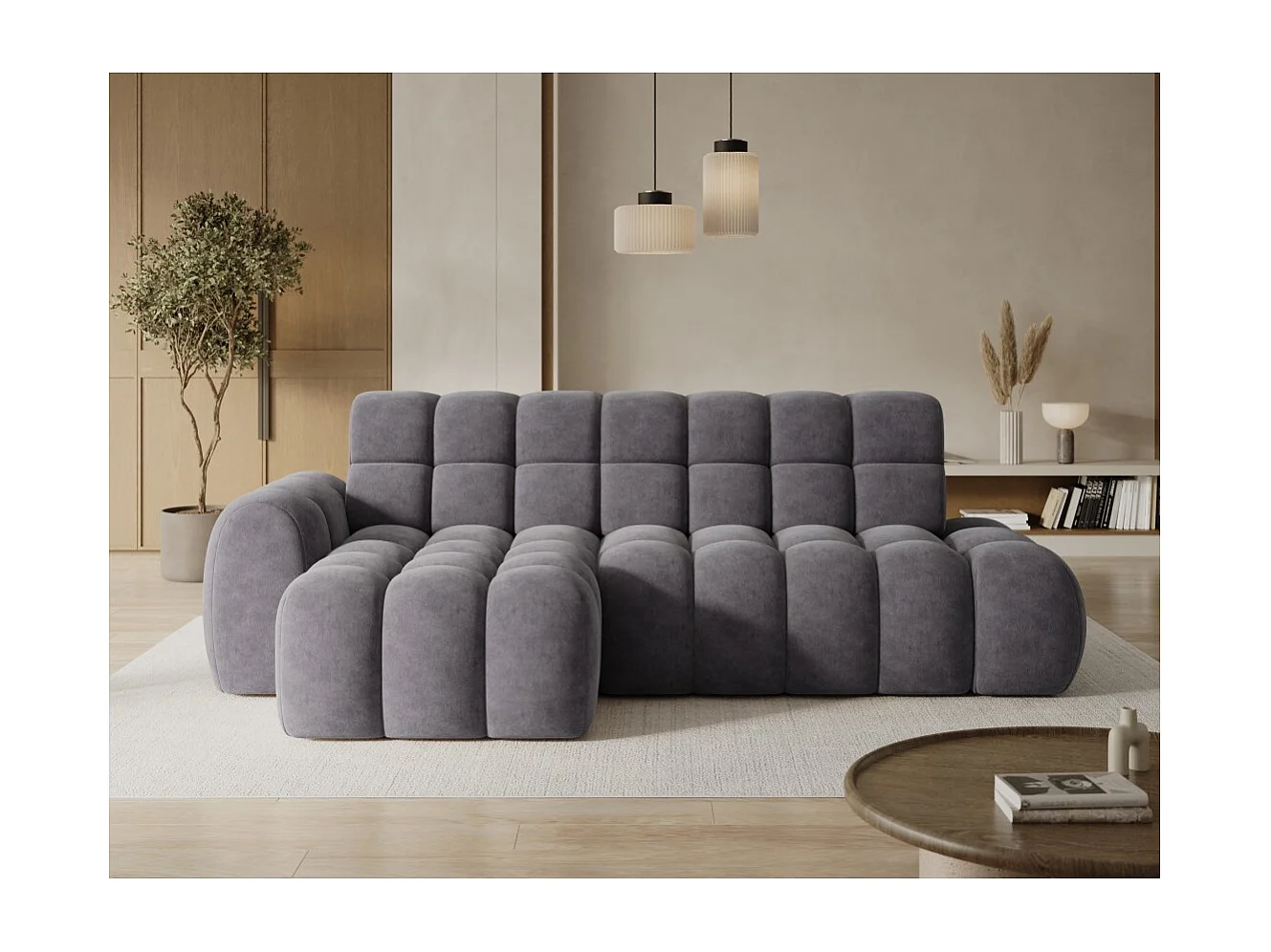 Canapé d'angle convertible BULLA 3 places gris – tissu effet alcantara avec extension d'assise électrique