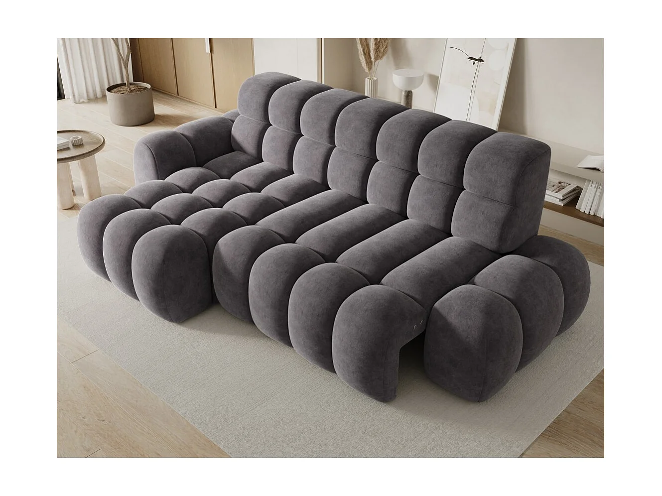 Canapé d'angle convertible BULLA 3 places gris – tissu effet alcantara avec extension d'assise électrique