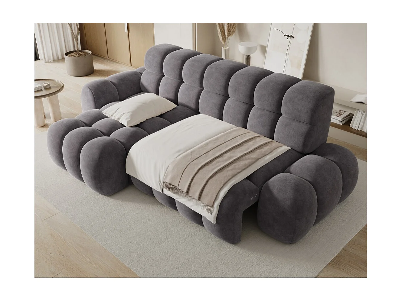 Canapé d'angle convertible BULLA 3 places gris – tissu effet alcantara avec extension d'assise électrique