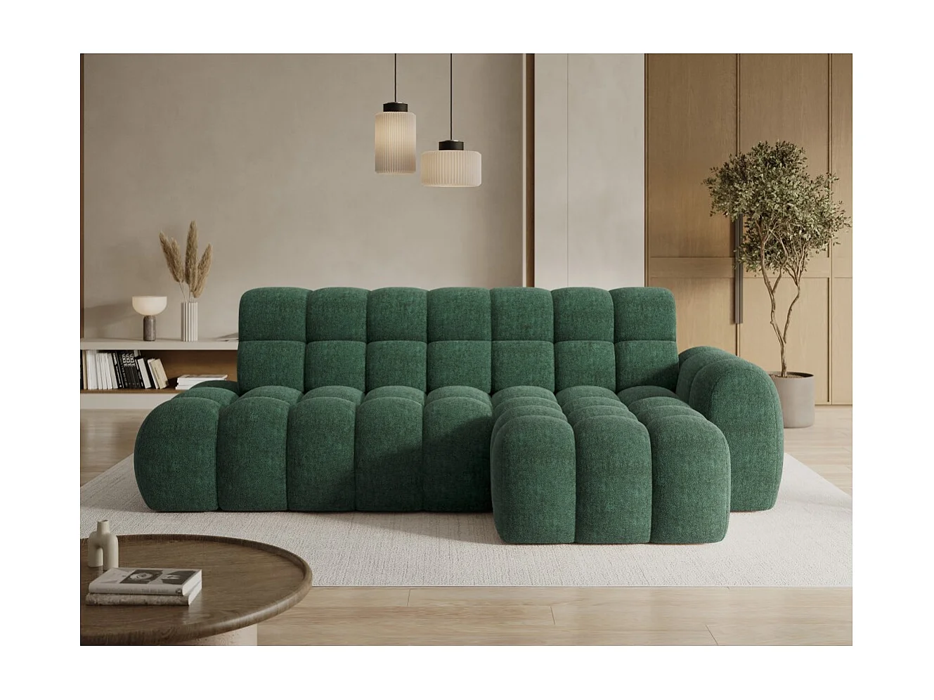 Canapé d'angle convertible BULLA 3 places vert angle droit – tissu bouclette avec extension d'assise électrique