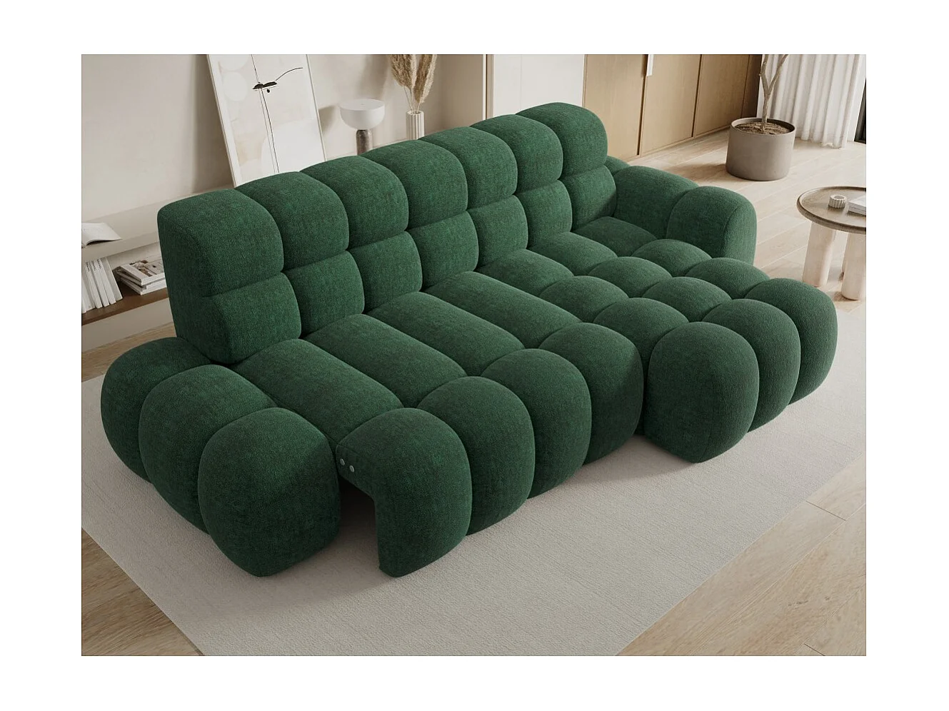 Canapé d'angle convertible BULLA 3 places vert angle droit – tissu bouclette avec extension d'assise électrique