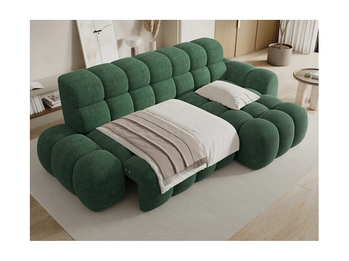Canapé d'angle convertible BULLA 3 places vert angle droit – tissu bouclette avec extension d'assise électrique