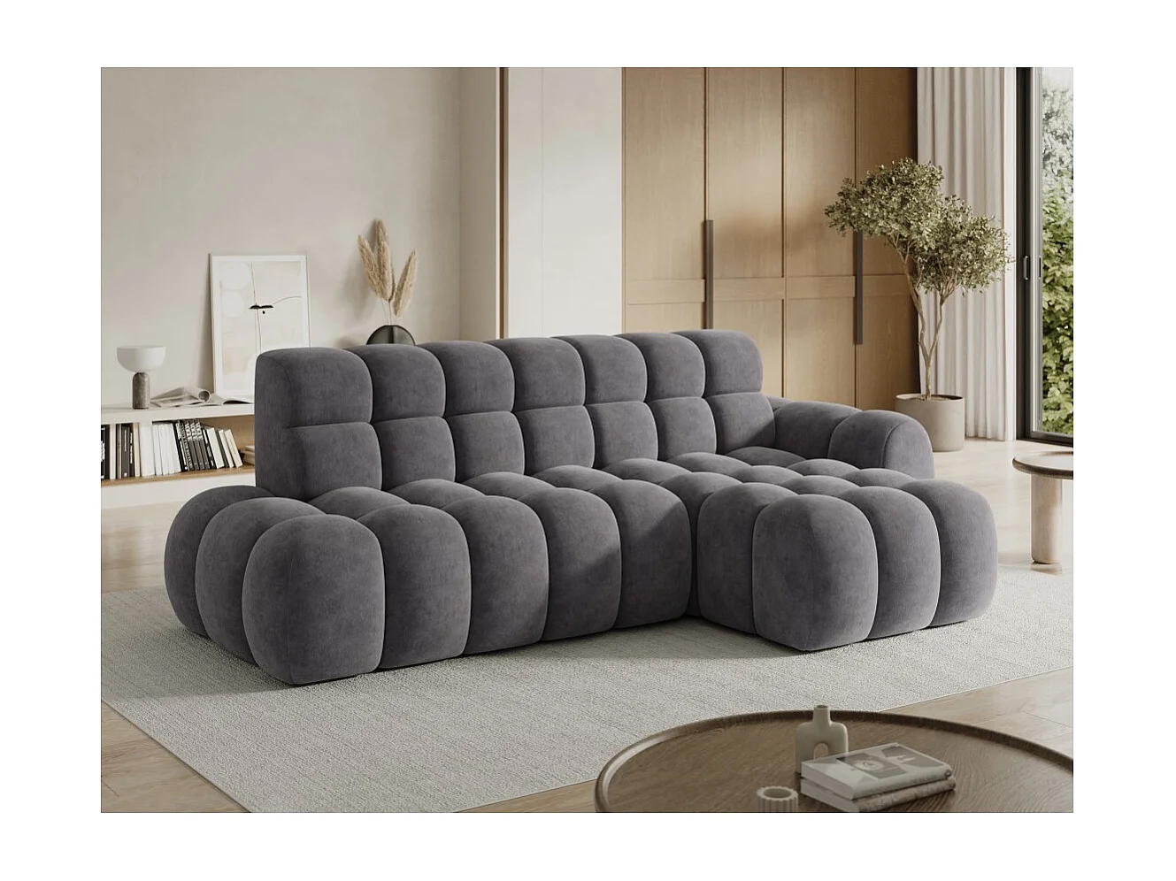 Canapé d'angle convertible BULLA 3 places gris angle droit – tissu effet alcantara avec extension d'assise électrique