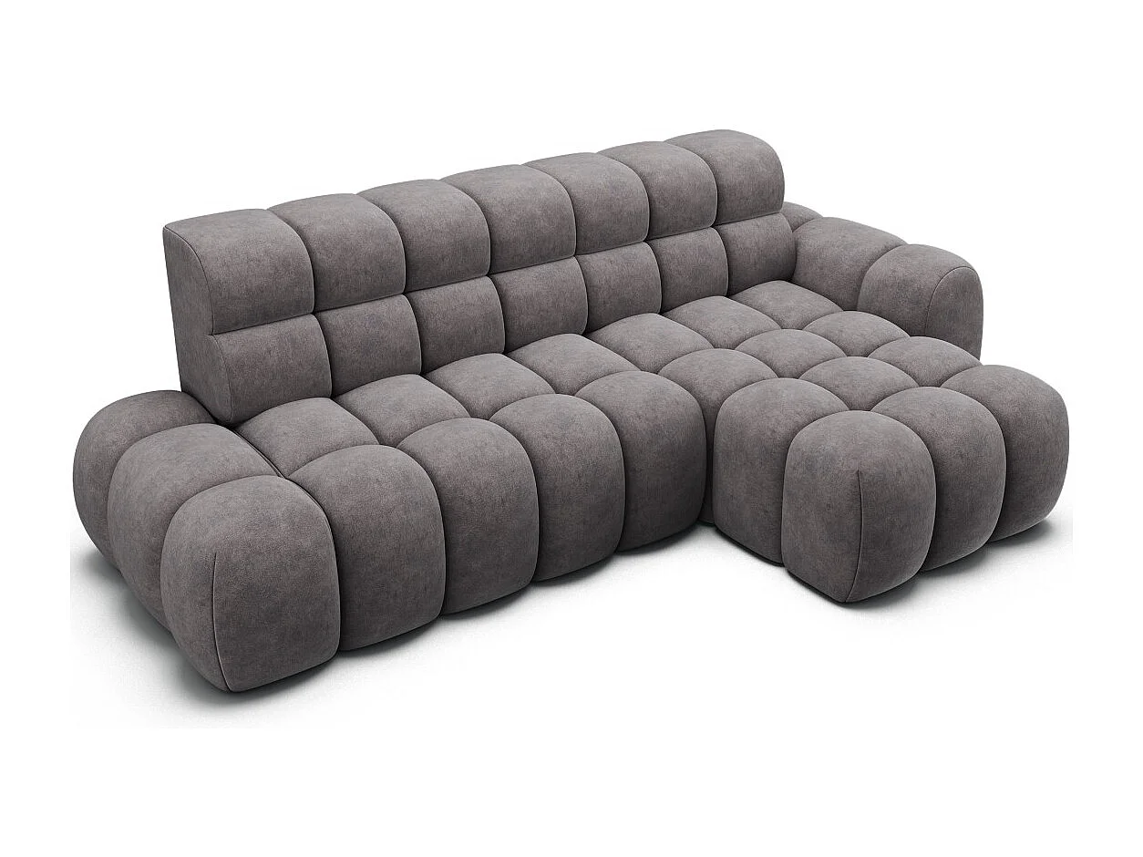Canapé d'angle convertible BULLA 3 places gris angle droit – tissu effet alcantara avec extension d'assise électrique