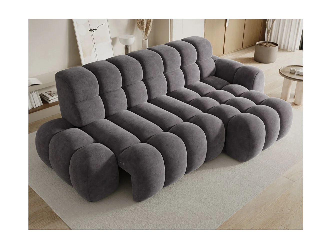 Canapé d'angle convertible BULLA 3 places gris angle droit – tissu effet alcantara avec extension d'assise électrique
