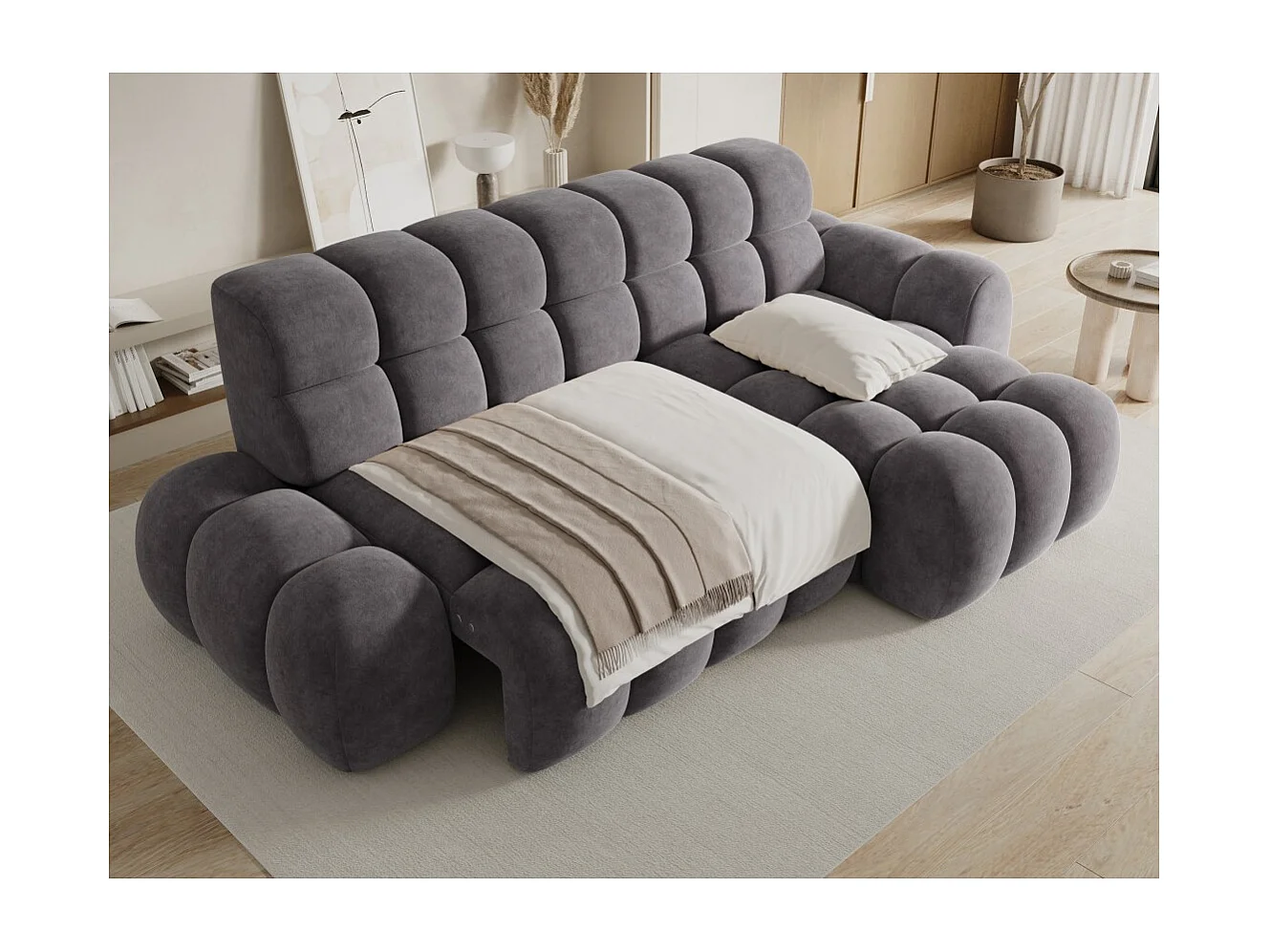Canapé d'angle convertible BULLA 3 places gris angle droit – tissu effet alcantara avec extension d'assise électrique