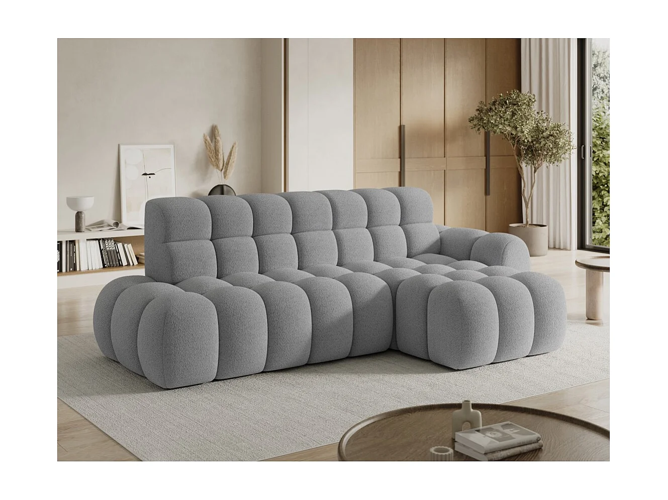Canapé d'angle convertible BULLA 3 places gris – tissu bouclette avec extension d'assise électrique
