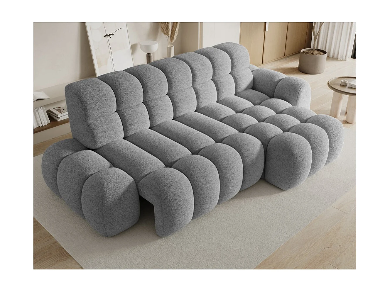 Canapé d'angle convertible BULLA 3 places gris – tissu bouclette avec extension d'assise électrique