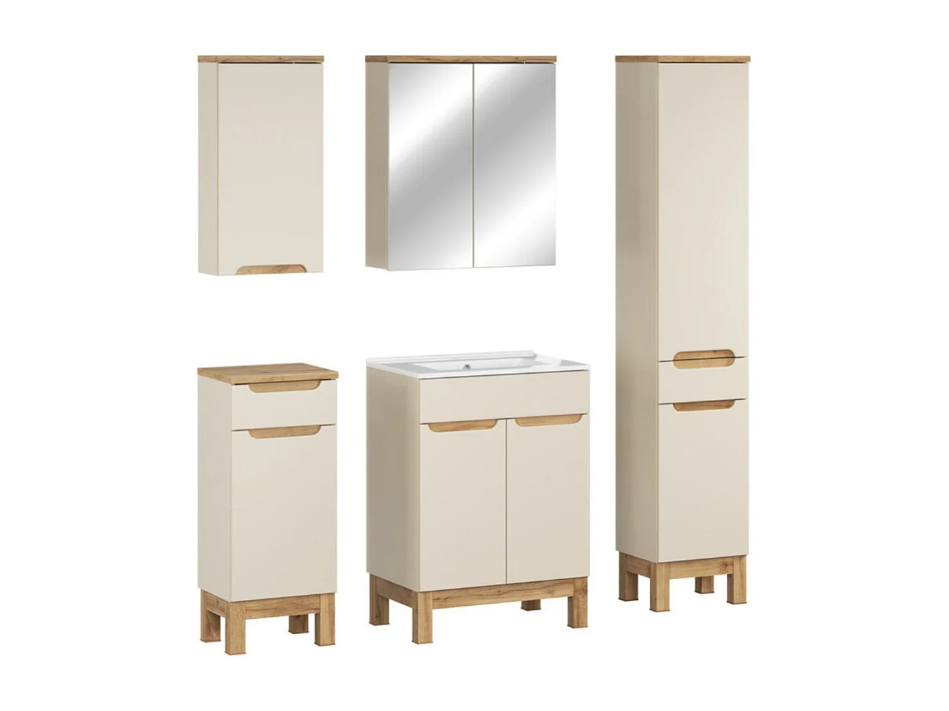 Ensemble ERMANO cachemire 130cm : meuble sous vasque + vasque encastrée + rangements suspendus et à poser + miroirs