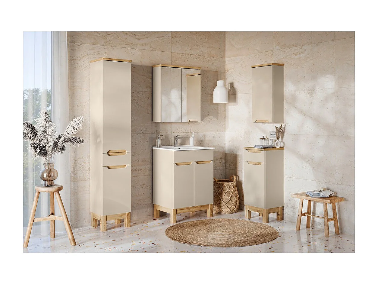 Ensemble ERMANO cachemire 130cm : meuble sous vasque + vasque encastrée + rangements suspendus et à poser + miroirs