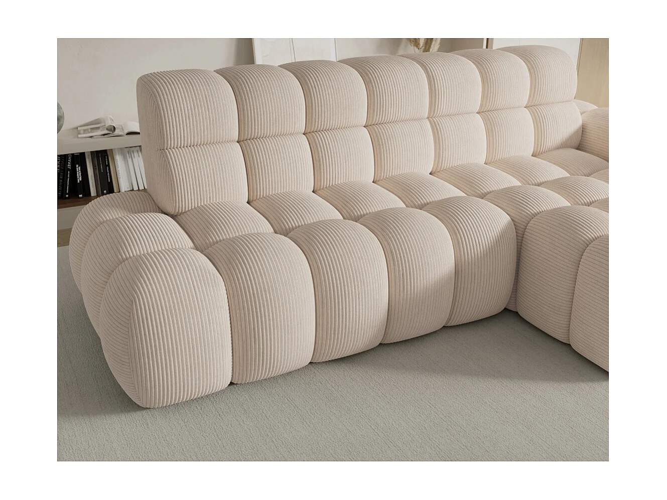 Hoekbank BULLA 3-zits beige rechterhoek – geribbeld fluweel met elektrische zitverlenging