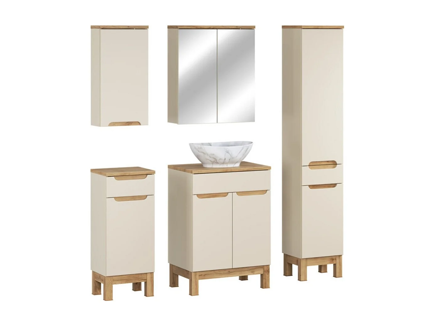 Ensemble ERMANO cachemire 130cm : meuble sous vasque + vasque à poser + rangements suspendus et à poser + miroirs