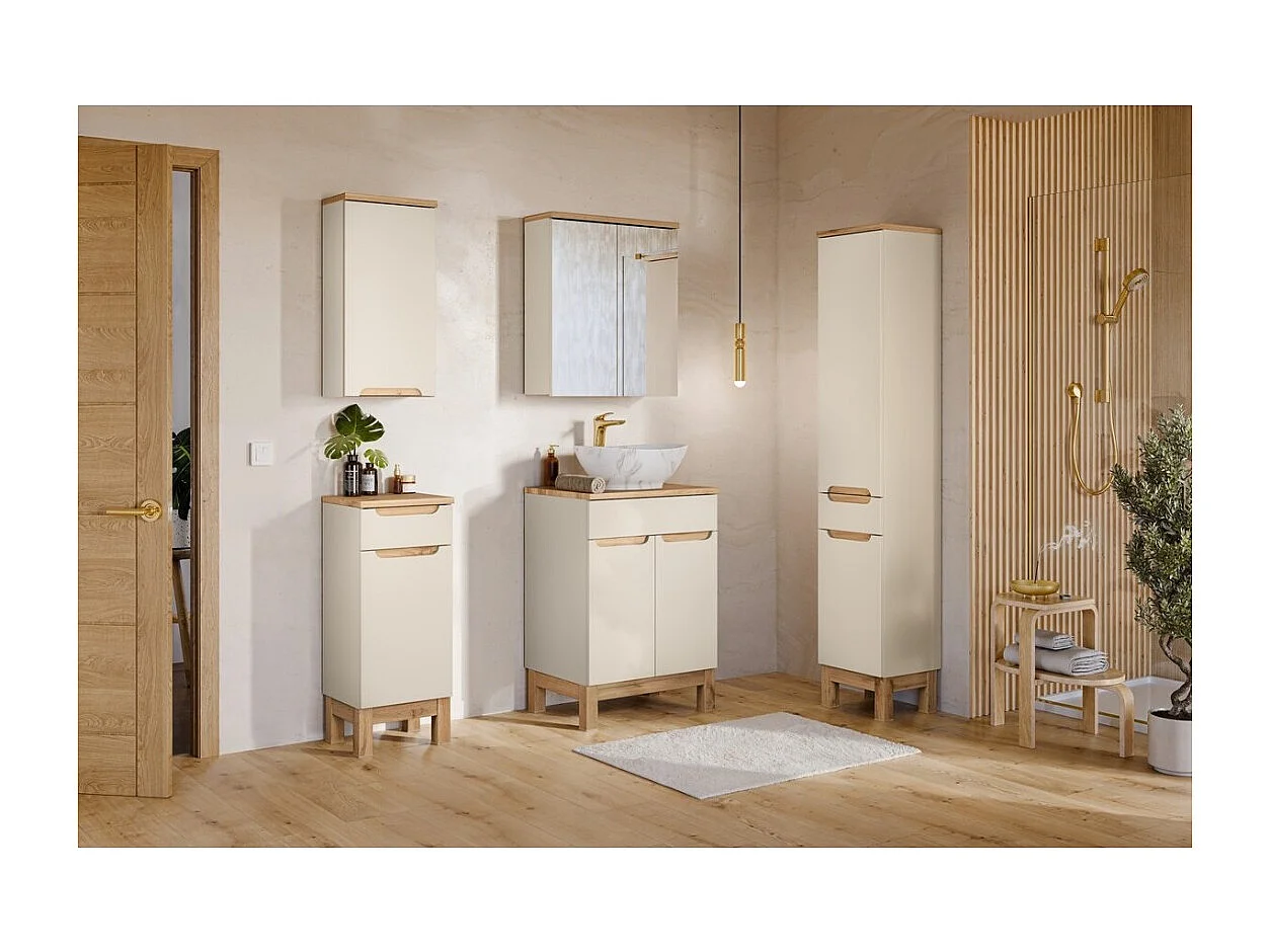 Ensemble ERMANO cachemire 130cm : meuble sous vasque + vasque à poser + rangements suspendus et à poser + miroirs