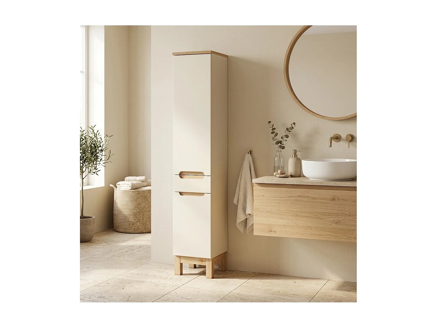 Colonne de salle de bain ERMANO - 2 portes et 1 tiroirs - coloris cachemire et chênne