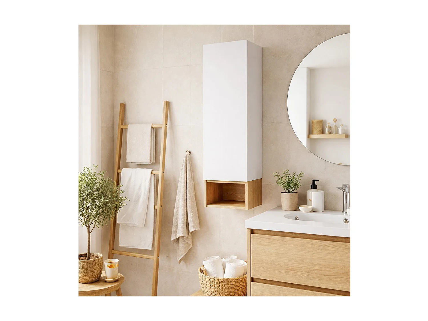 Colonne de rangement OSTER 30cm – meuble suspendu blanc mat 1 porte et niche visible aspect chêne clair