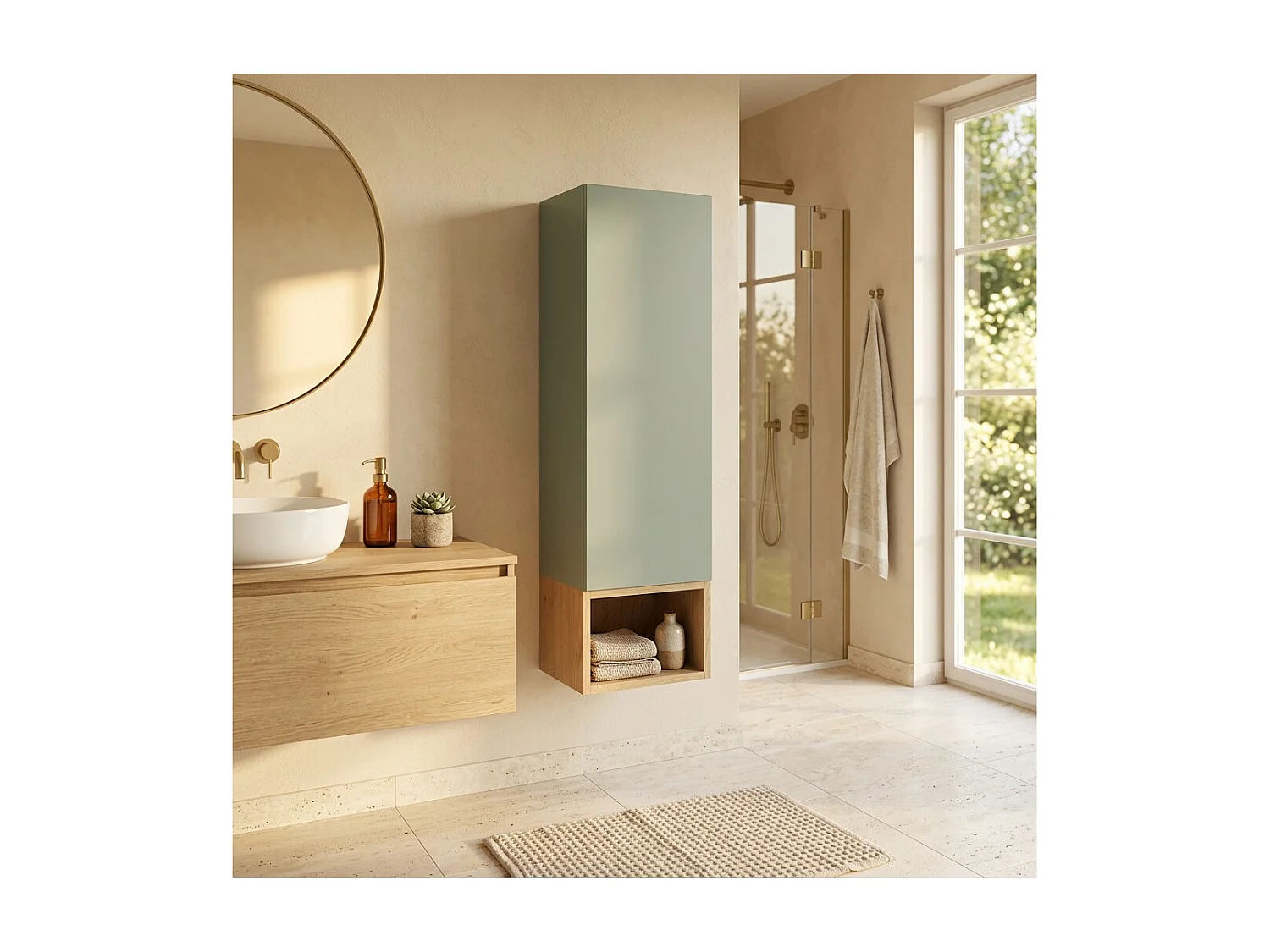 Colonne de rangement OSTER 30cm – meuble suspendu vert sauge 1 porte et niche visible aspect chêne clair
